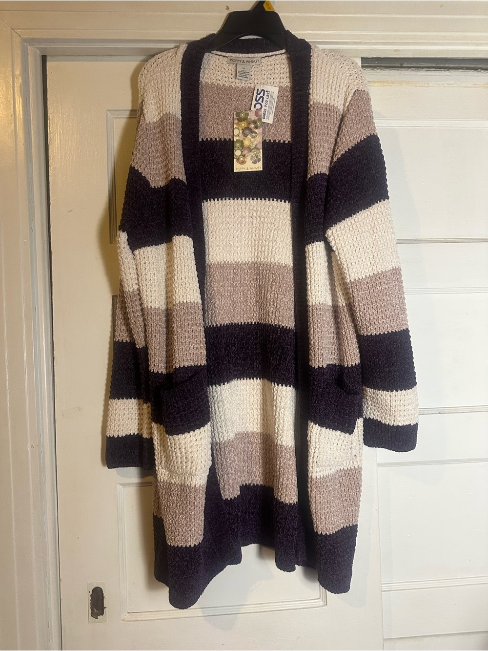 Striped Open-Front Cardigan Sweater - Purple,Cream & Taupe
